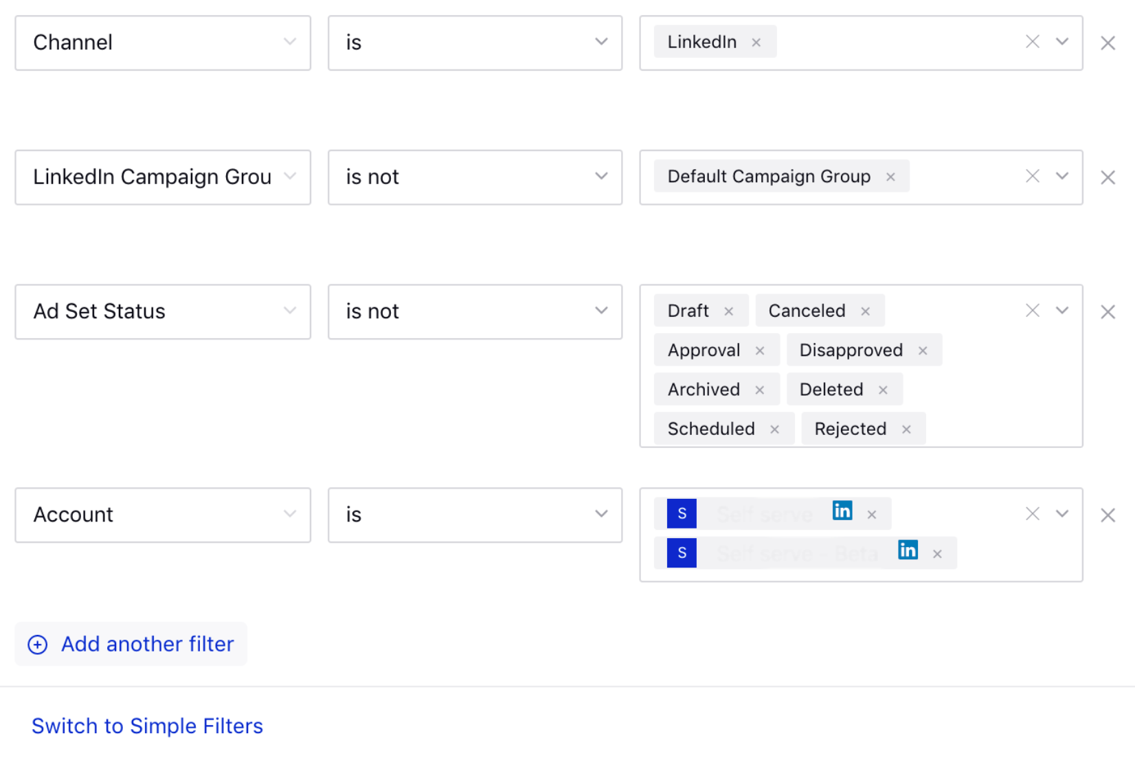 Ads Manager filter to identify LinkedIn campaigns being impacted by the three-tier migration