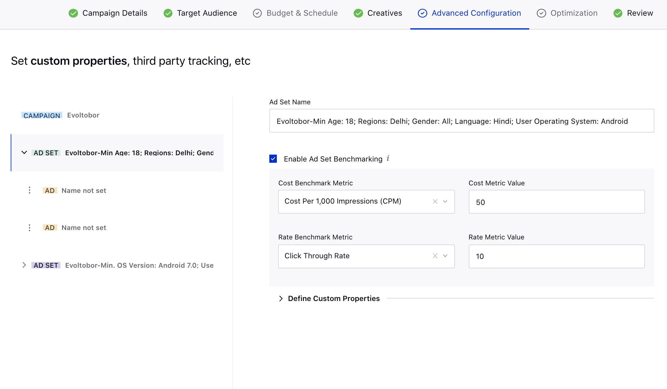 View applied Cost and Rate Benchmarks in Advanced Configuration