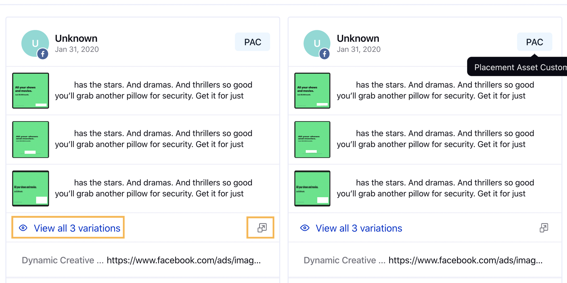 Facebook PAC reporting view all variations