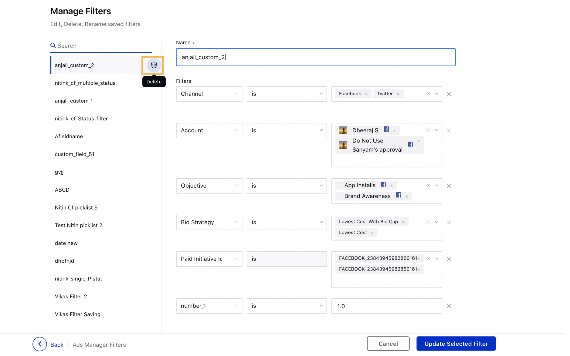 Edit, Delete, or Rename filters in the Manage Filters window