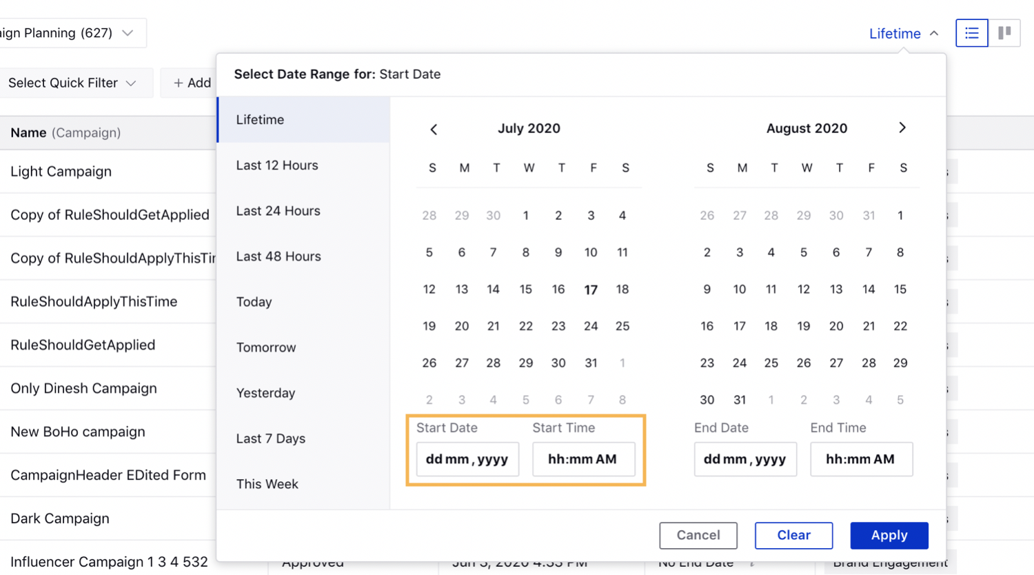 Start Date Set as Default Duration Filter