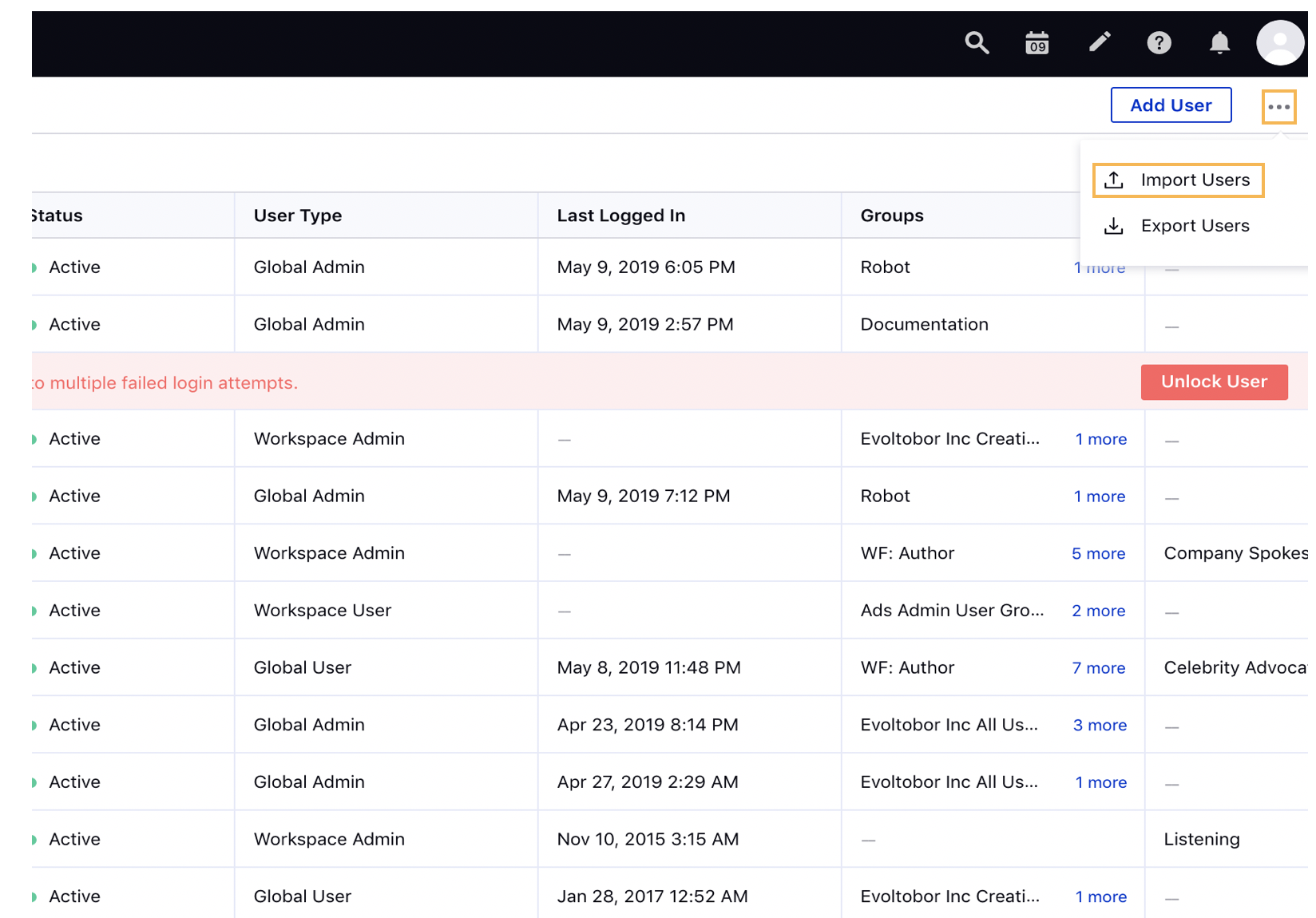 Selecting Import Users in the top right corner of the Users (Settings) window to add multiple users in Sprinklr