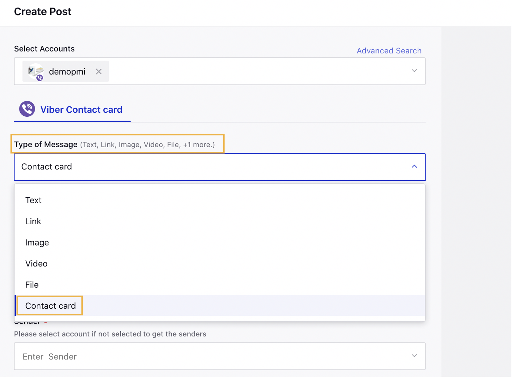 Selecting Viber Contact Card as a Type of Message from the drop-down menu in the Publisher