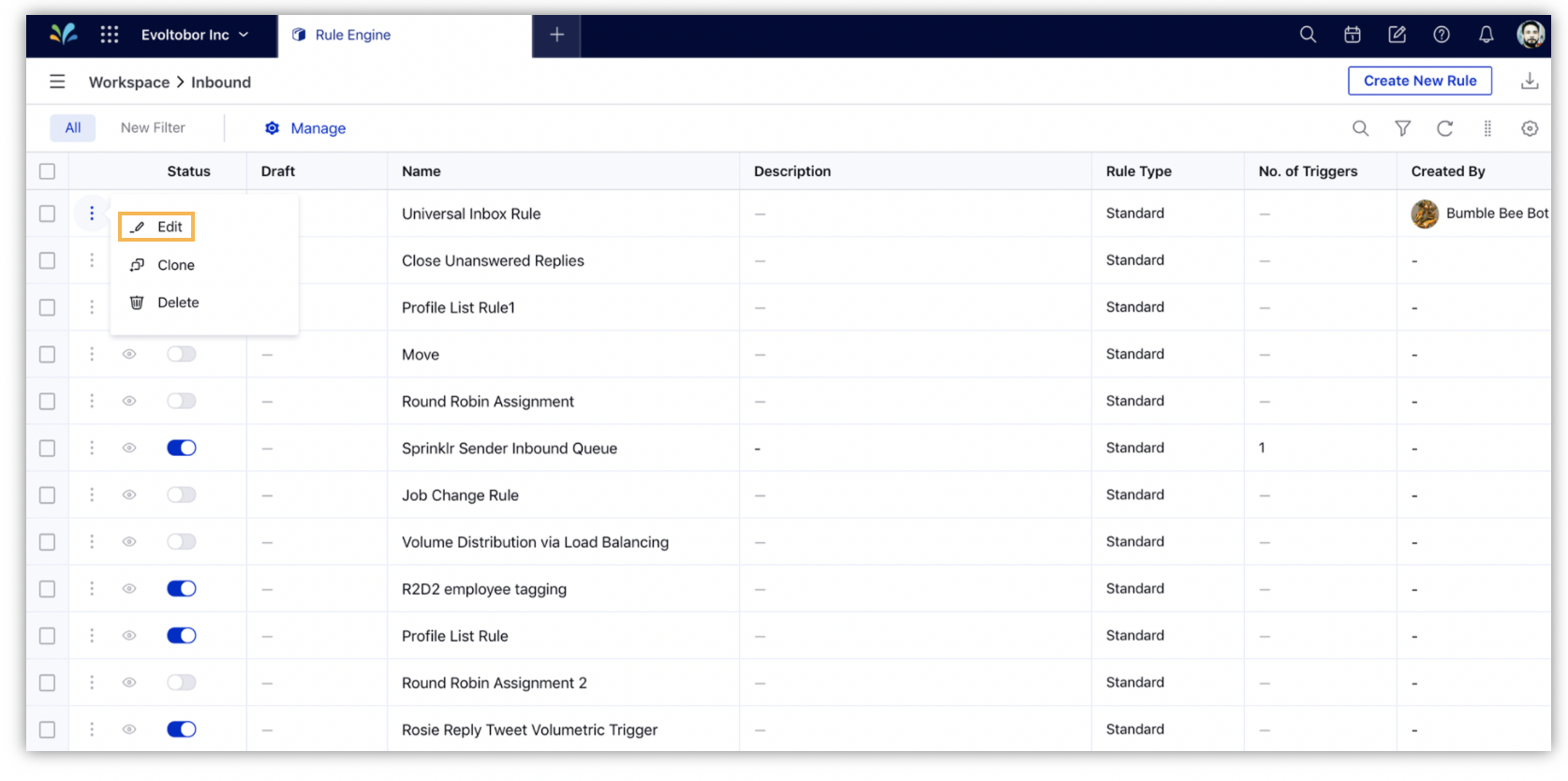 Selecting edit to edit the rule in the rule engine