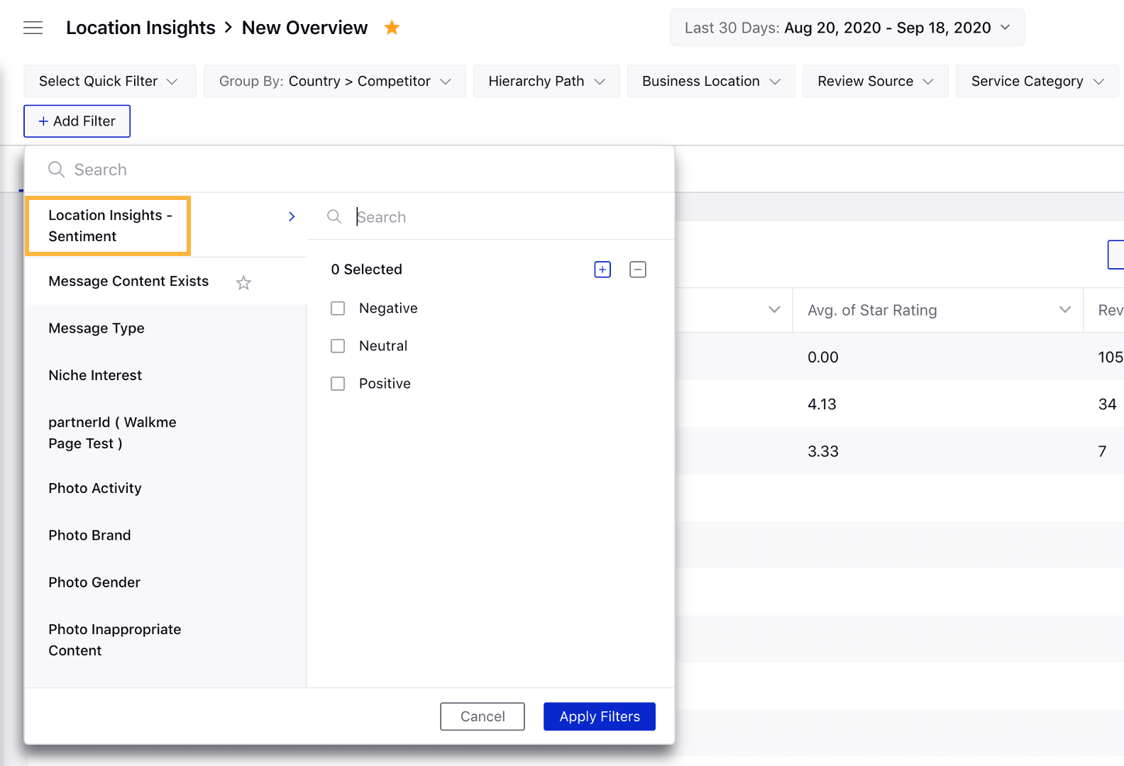 Introducing new filter "Location Insights - Sentiment" at dashboard and widget levels in Location Insights