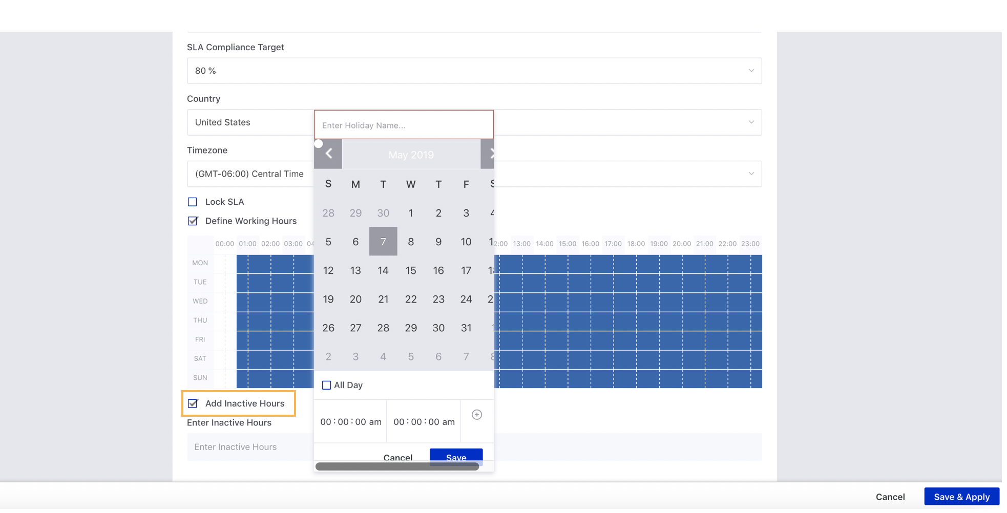 Clicking on the Add Inactive Hours on the Apply SLA Configuration window