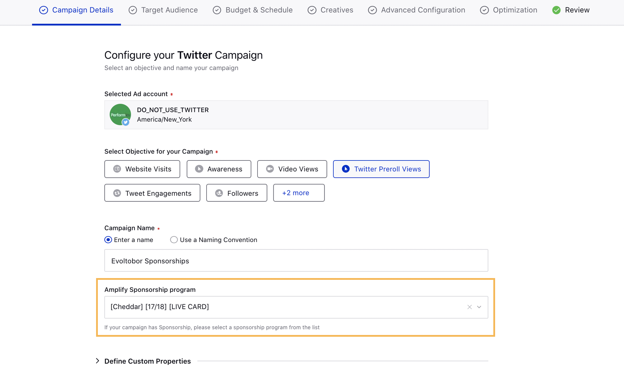 Twitter InStream Sponsorships campaign in Ads Composer