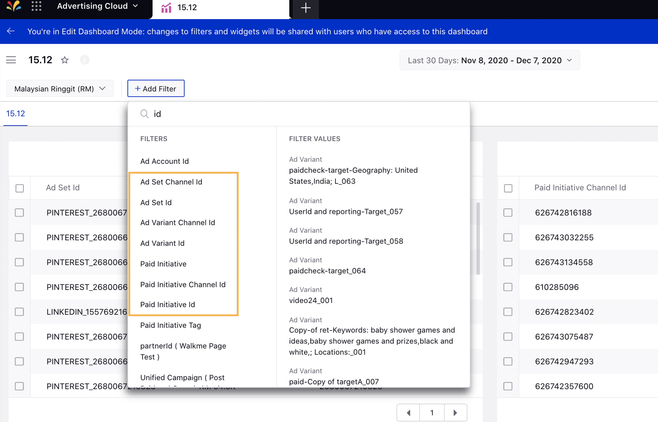 Ad Entity ID Filters in Reporting Dashboard