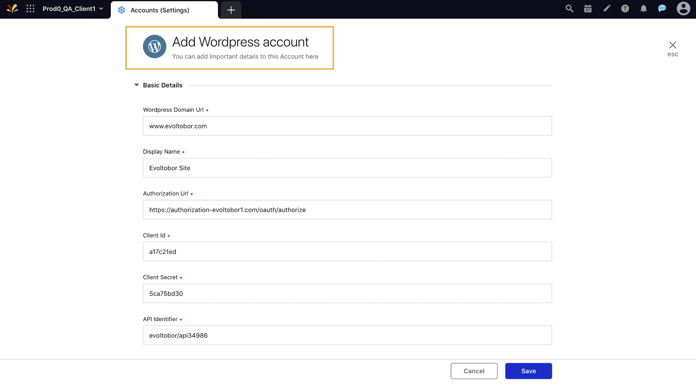 Filling out the Access Tokens to add a new WordPress Account in Sprinklr