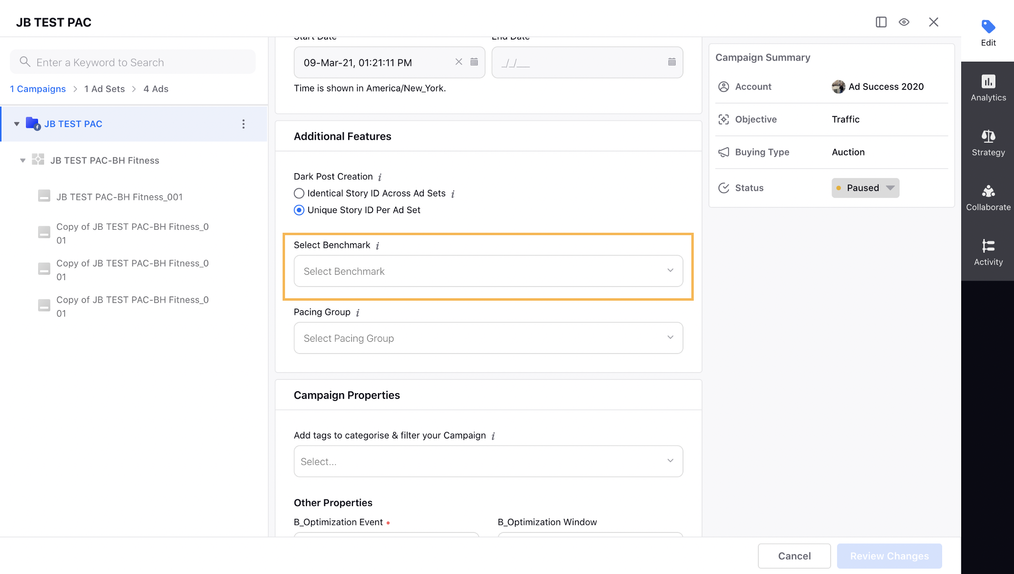 Tagging a campaign or an ad variant with a benchmark via Ads Manager