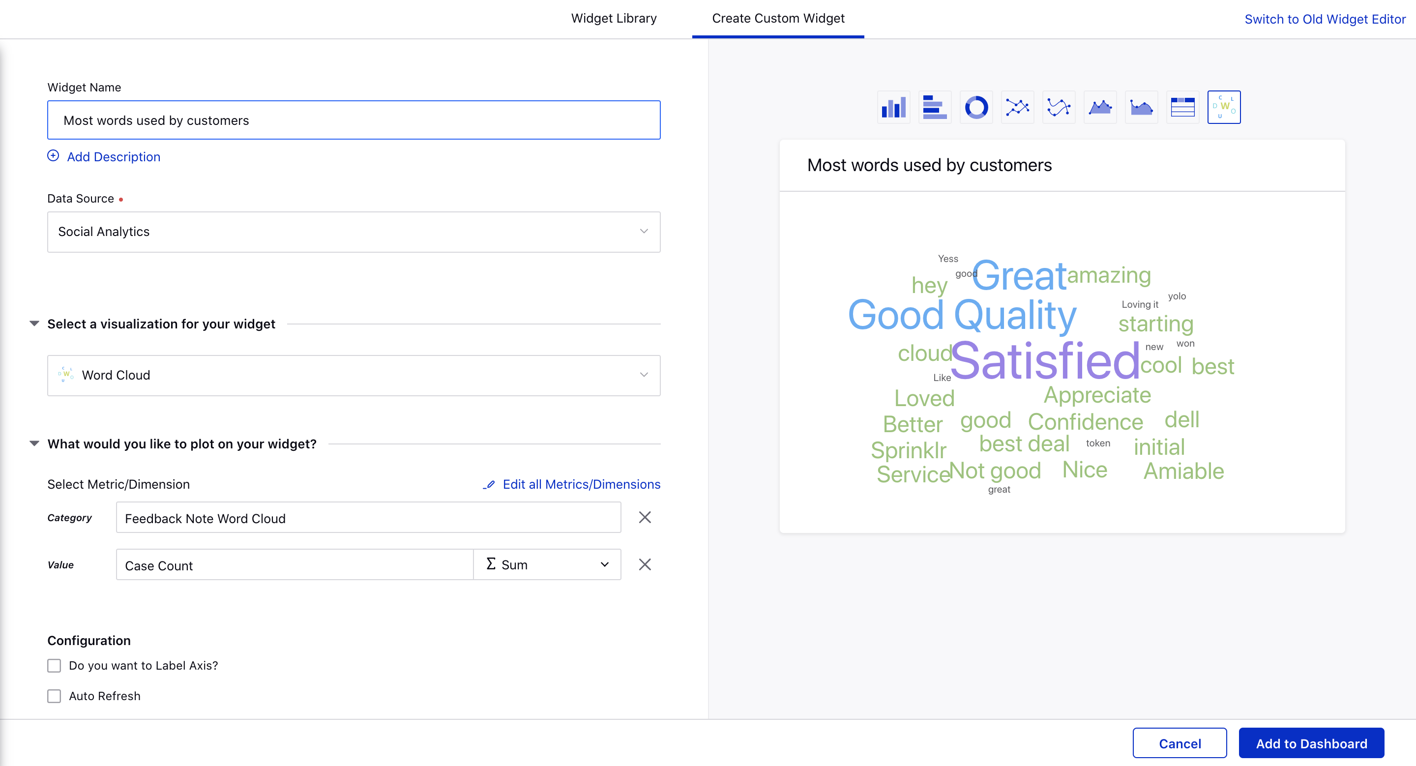 Sprinklr Live Chat CSAT Reporting in Word Cloud widget