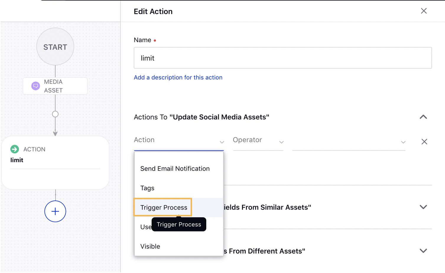 Setting Trigger Process as Action in Media Asset Rule