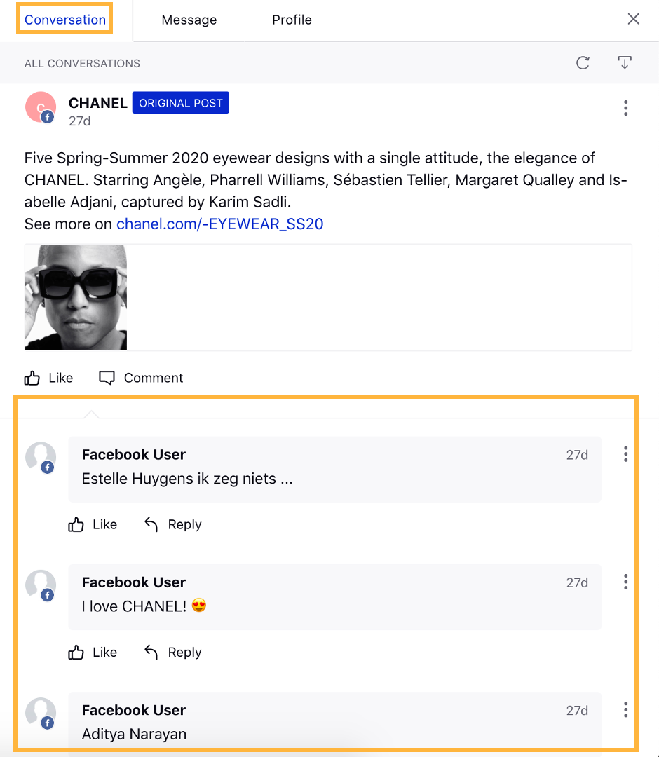 Viewing comments/replies of brand post on the conversation tab