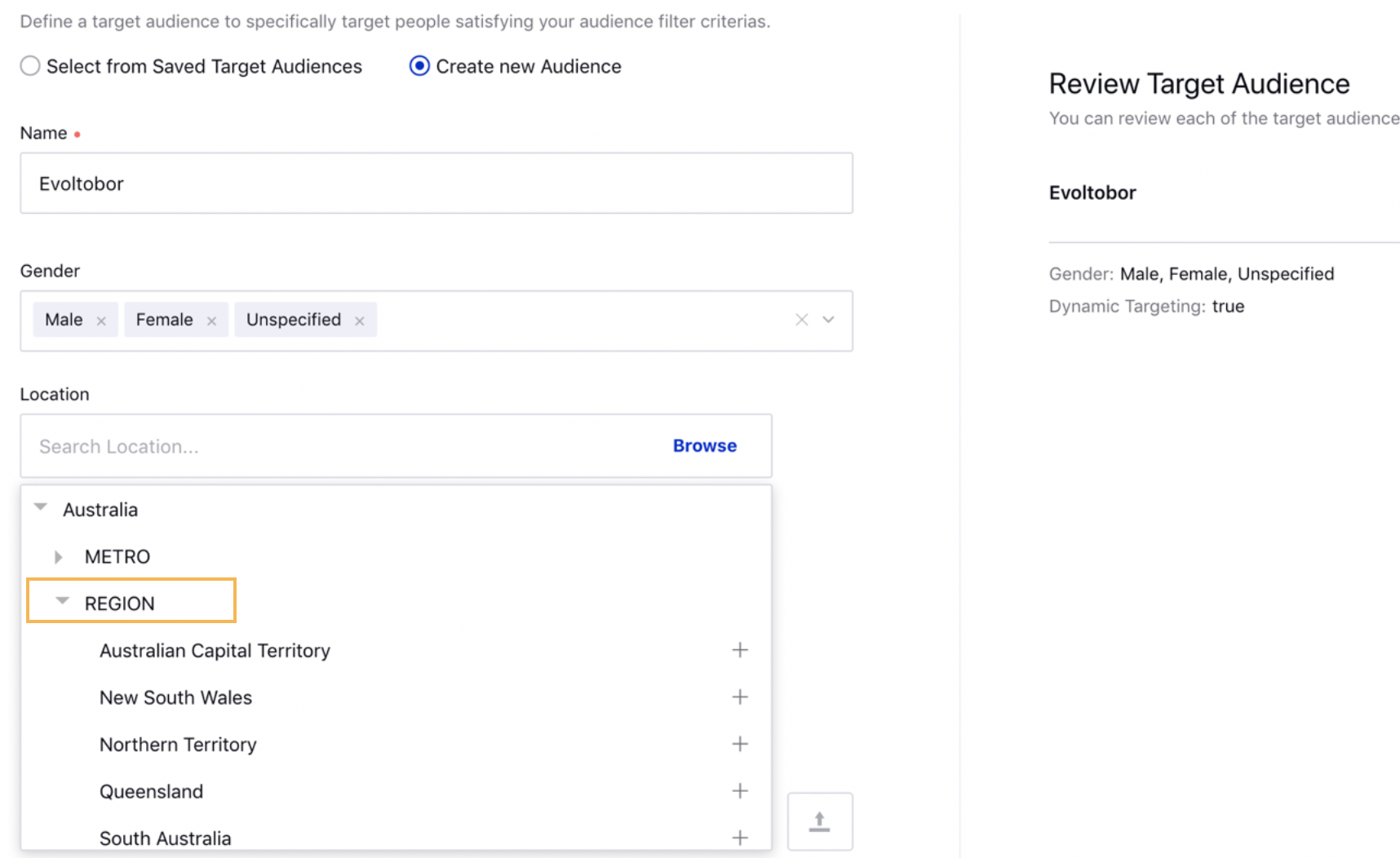 Ability to select Region within Location for Pinterest Audience targeting