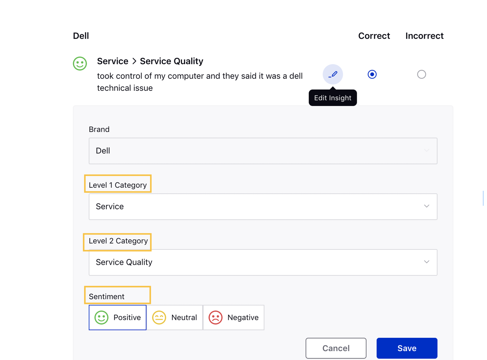 Showing how to edit phrase level insights while validating messages