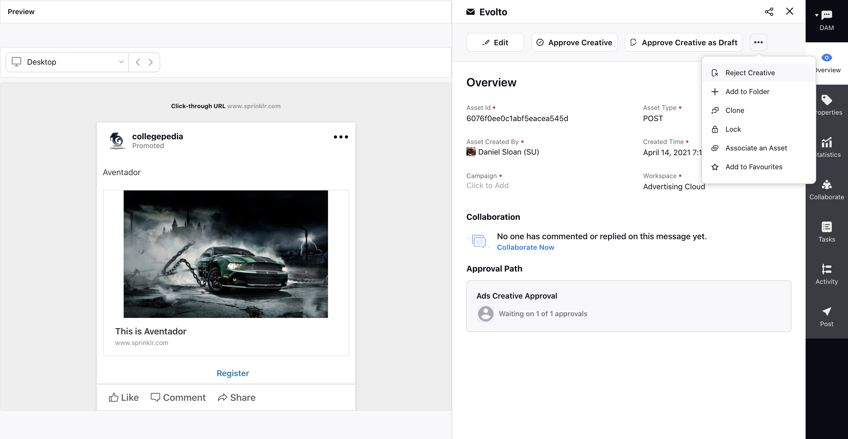 Approving Ad Post via Engagement Dashboard